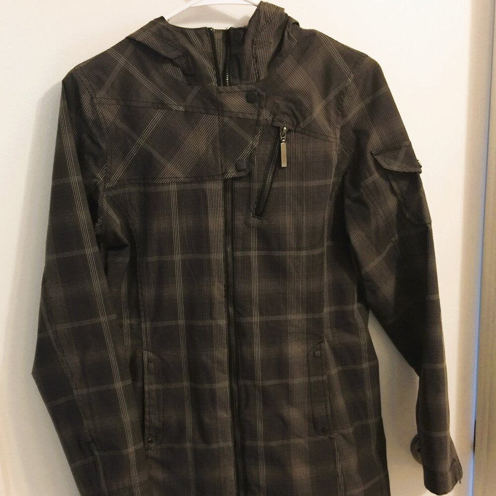 MARMOT GREY PLAID HOODED LONG RAIN JACKET